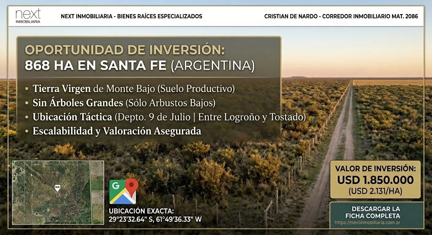 VENTA DE CAMPO DE 868 HECTÁREAS ENTRE LOGROÑO &amp; TOSTADO, SANTA FE – OPORTUNIDAD DE INVERSIÓN